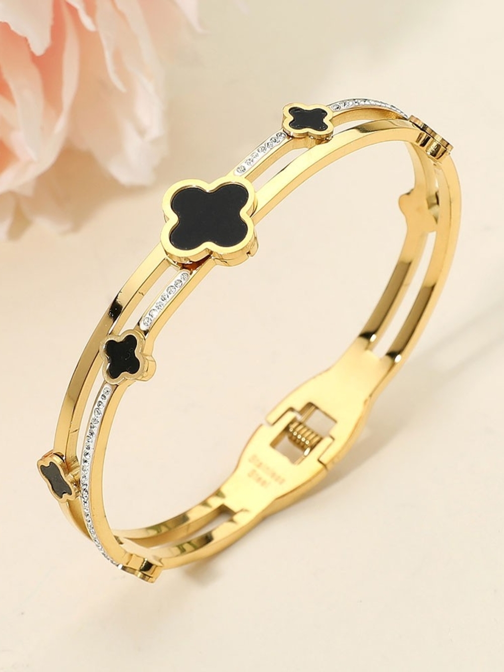 Gold Metal Split Mother Of Pearl CZ Stone Quatrefoil Clover Bracelet Bangle